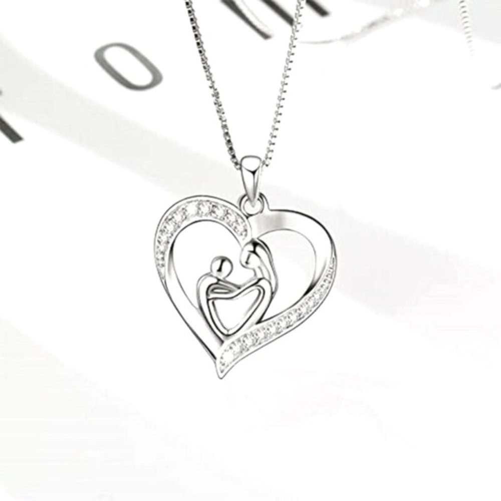 925 Silver White Sapphire Mother Child Heart Necklace